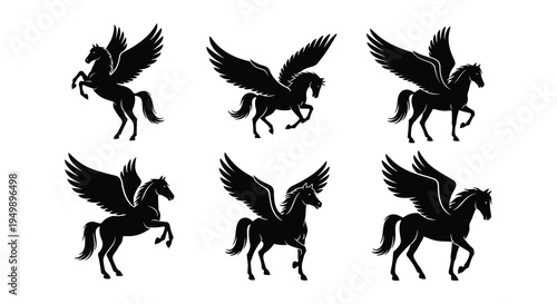 Six silhouettes of pegasus figures in various dynamic poses