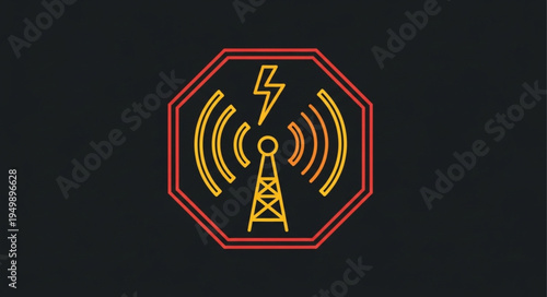 Radio tower with lightning bolt symbol warning sign.