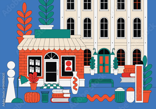 A vibrant flat vector illustration of an urban bookstore facade with red brick walls and a striped awning located in front of a classical city building.