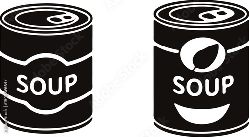 Two distinct soup cans with playful and contrasting designs