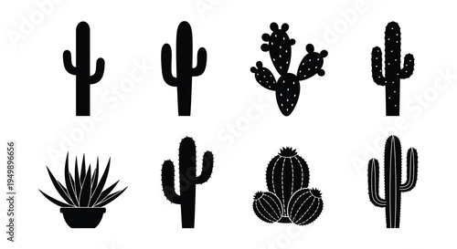 Black silhouettes of various cactus plants arranged on a white background