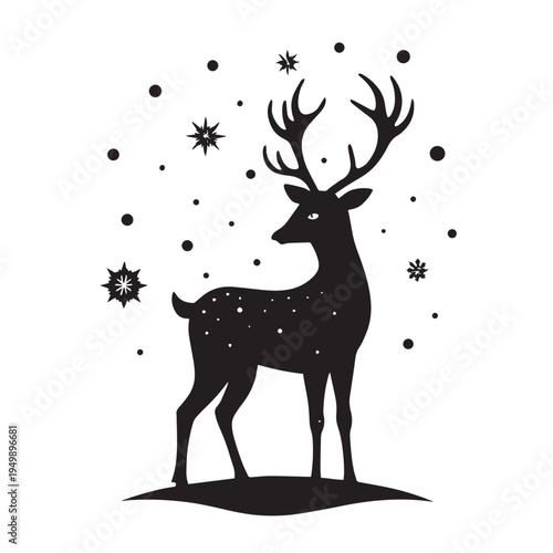 Silhouette of noble deer standing in snow with large antlers surrounded by snowflakes and dots for elegant winter holiday greeting cards