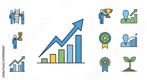 Business growth and success icons with upward trending graph.
