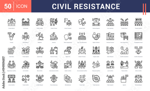 Civil Resistance Icon Set. protest march, civil unrest, public dissent, violent protest, arrest protester and more. Line vector icons collection.