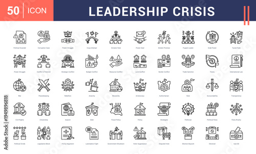 Leadership Crisis Icon Set. political scandal, corruption case, power struggle, coup attempt, dictator rule and more. Line vector icons collection.