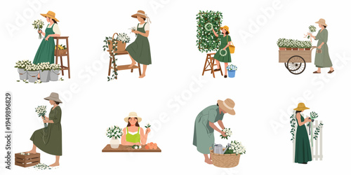 Collection of flat vector illustrations depicting women florists and gardeners working with fresh white jasmine flowers in various outdoor and indoor settings.