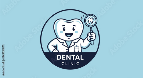 Cute Tooth Character Doctor Holding Magnifying Glass for Dental Clinic Logo.