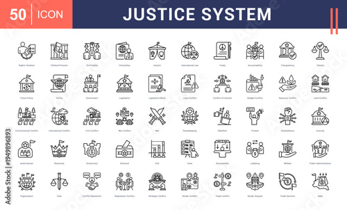 Justice System Icon Set. rights violation, political prisoner, civil rights, citizenship, asylum and more. Line vector icons collection.
