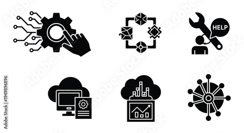 Technology and innovation icons depicting connection maintenance and data