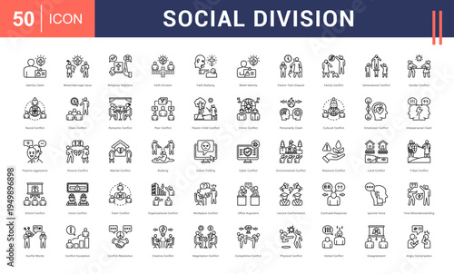 Social Division Icon Set. identity clash, mixed marriage issue, religious rejection, faith division, faith bullying and more. Line vector icons collection.