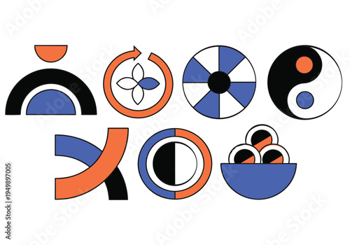 Seven orange and blue geometric icons sit on a white background.