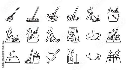 Set of professional floor cleaning and mopping line icons featuring buckets, wet floor signs and janitorial staff, symbolizing sanitary maintenance service and household hygiene management