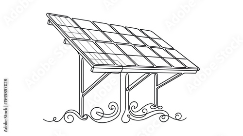 Continuous line drawing of photovoltaic solar panel modules on minimalist metal frames, symbolizing renewable energy conversion or clean ecological power generation