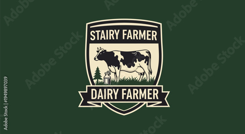 Dairy Farmer Logo with Holstein Cow and Farm Elements.