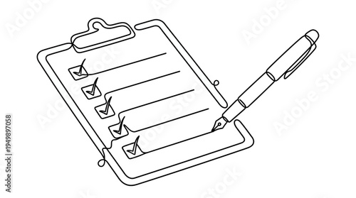 Continuous one line drawing of a clipboard with checked boxes and a classic fountain pen on white background, symbolizing project management and successful completion of tasks