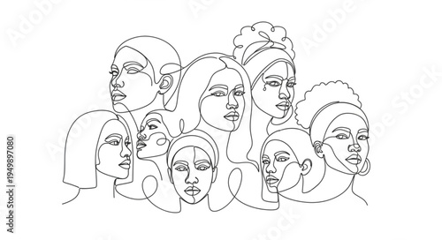 Diverse group of women faces drawn in a continuous line art style.