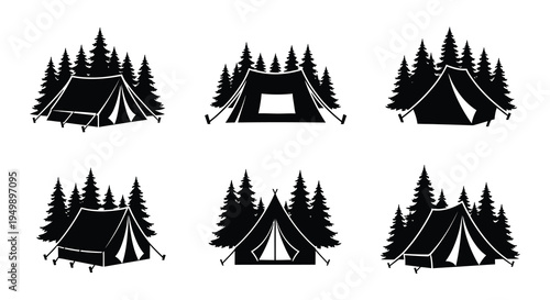 Black and white silhouettes of camping tents amongst pine trees