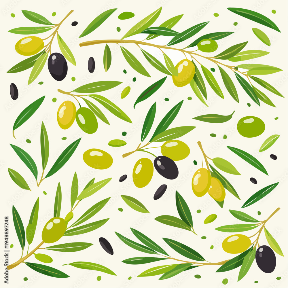 Obraz premium Organic olive leaf motif in botanical style for eco-friendly packaging and fashion.