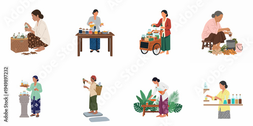 Set of illustrations depicting Indonesian women preparing and selling traditional Jamu herbal medicine in various cultural settings and traditional attire.