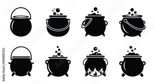 Collection of black silhouette cauldrons with varying bubble and flame details
