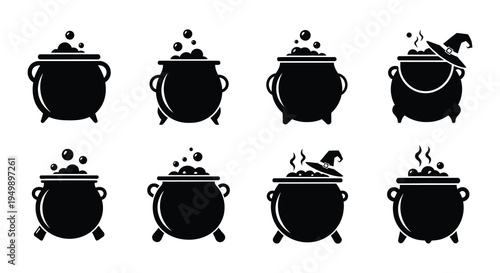 Collection of black silhouette cauldrons with varying bubble and flame details