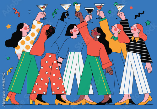 Six diverse women wearing colorful patterned clothing raise their martini glasses together in a celebratory toast against a solid blue background filled with confetti.