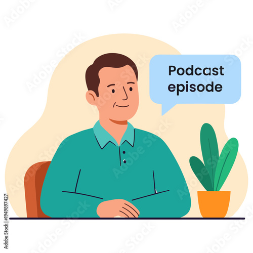 Man sitting at desk with plant speaks on podcast episode indoors