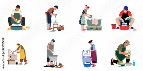 Set of flat vector illustrations of diverse people washing dishes, plates, and kitchenware in rustic environments using basins, sponges, and soap.