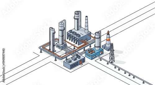 Industrial factory complex with smokestacks and train.