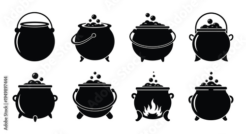 Collection of black silhouette cauldrons with varying bubble and flame details