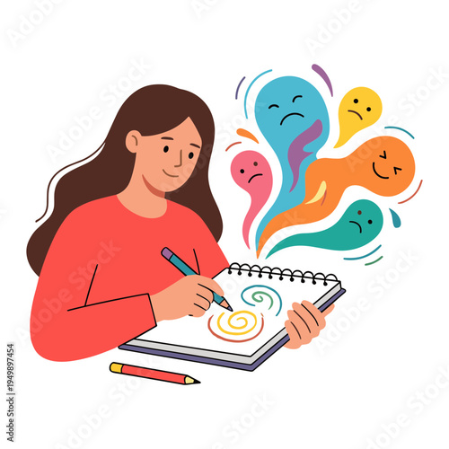 A woman writes in her notebook with various colorful emotions floating above her.