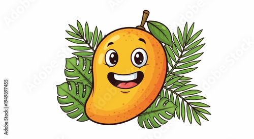 Vibrant orange mango with cheerful face and lush green leaves on white background symbolizing freshness and joy