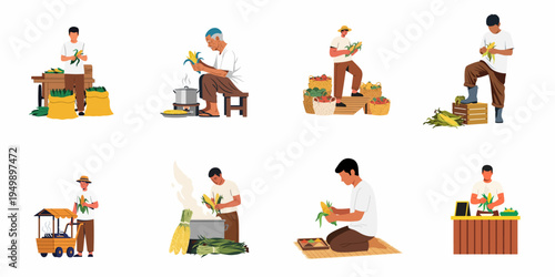Vector illustrations of men harvesting, husking, cooking, and selling fresh corn in various settings, including markets, street stalls, and farms.