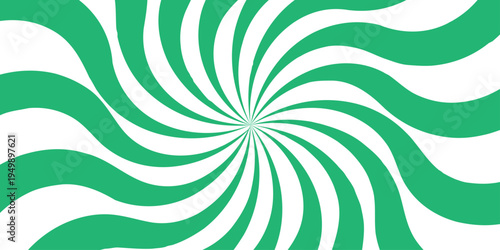 Vector Swirling green and white stripes spiral radiating energy and motion optical illusion creates vibrant visual effect with hypnotic allure