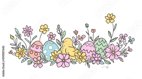 Easter Border Illustration with Colorful Eggs a Cute Chick and Pastel Spring Flowers