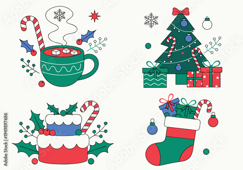 Four separate festive illustrations including a hot cocoa mug a christmas tree with gifts a cake and a filled stocking are shown together.