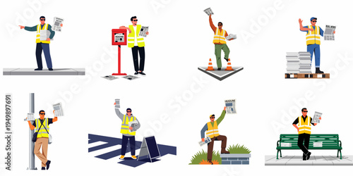 Set of illustrations depicting street newspaper vendors in high-visibility vests distributing daily papers in various urban settings.