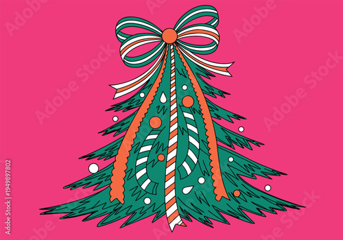 A minimalist green pine tree graphic adorned with a large striped bow at the top and several trailing ribbons is positioned against a solid pink background.