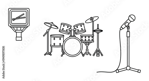 Line drawing depicting a television drum set and microphone