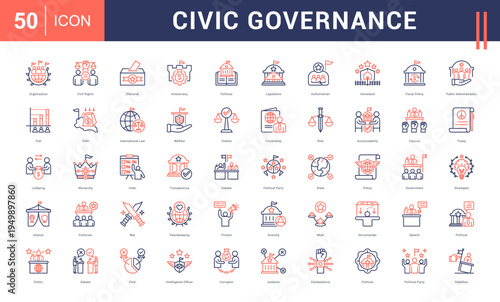 Civic Governance Icon Set. organization, civil rights, electoral, aristocracy, political and more. Line Dual Tone vector icons collection.