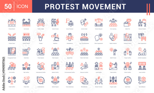 Protest Movement Icon Set. protest march, civil unrest, public dissent, violent protest, arrest protester and more. Line Dual Tone vector icons collection.