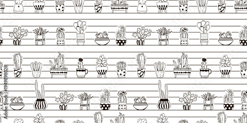 Hand drawn cactus seamless pattern in doodle sketch style on striped background Minimal line art succulent playful decorative pots with cozy handmade feel Repeating print for fabric, packaging, design