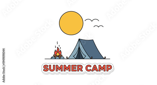 Summer camp vector icon with tent, campfire and sun