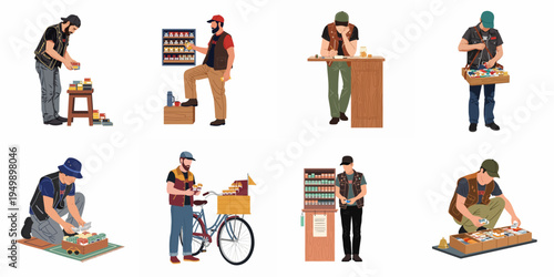 A collection of flat illustrations depicting men as street vendors and peddlers selling various goods from mobile stalls and trays.