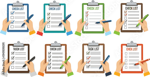 Checklist clipboards with hands marking task lists planning and productivity vector illustration set