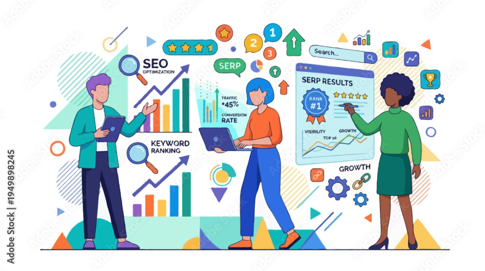 Fototapeta premium Flat vector illustration of three unique stylized characters collaborating to optimize search engine results