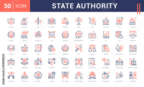 State Authority Icon Set. aristocracy, authoritarian, rule, accountability, transparency and more. Line Dual Tone vector icons collection.