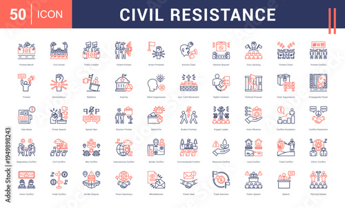 Civil Resistance Icon Set. protest march, civil unrest, public dissent, violent protest, arrest protester and more. Line Dual Tone vector icons collection.