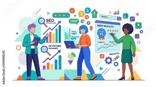 Flat vector illustration of three unique stylized characters collaborating to optimize search engine results