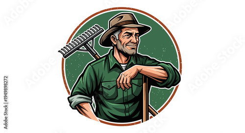 Experienced Farmer Standing Proudly with Gardening Tools.